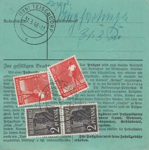 Paketkarte 1948: Aldekerk nach Teisendorf, besond. Formular, Wert