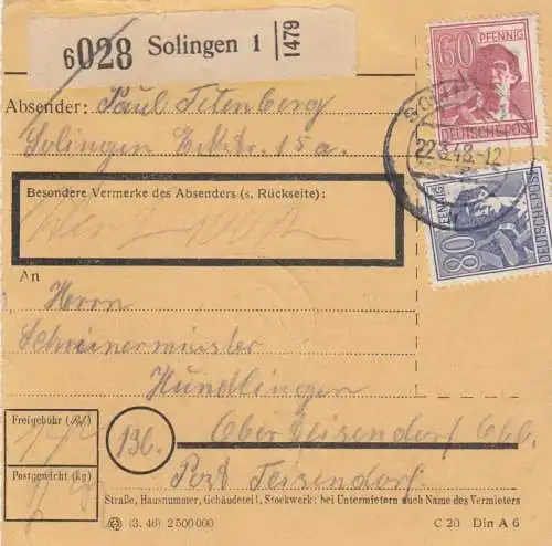 Paketkarte 1948: Solingen nach Oberteisendorf, Wert