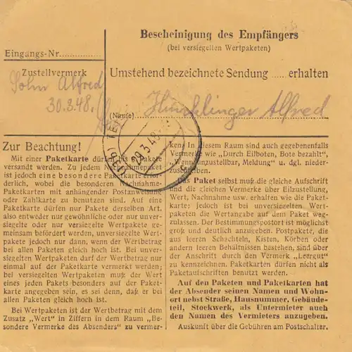 Paketkarte 1948: Solingen nach Oberteisendorf, Wert