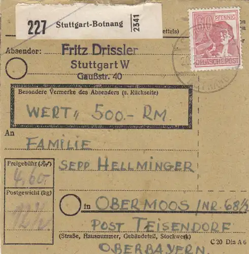 Paketkarte 1948: Stuttgart nach Obermoos, Wert 500 RM
