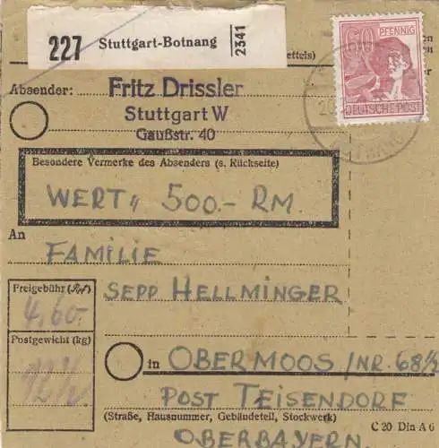 Paketkarte 1948: Stuttgart nach Obermoos, Wert 500 RM
