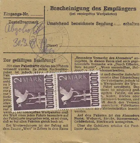 Carte de paquet 1948: Stuttgart vers Obermoos, valeur 500 RM