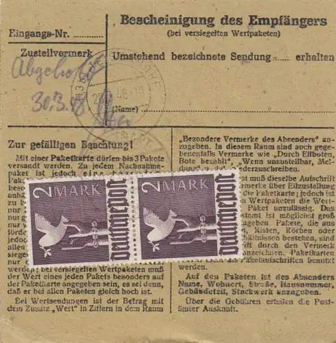 Paketkarte 1948: Stuttgart nach Obermoos, Wert 500 RM