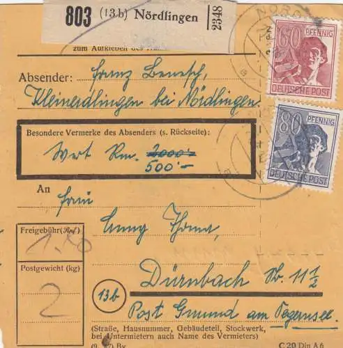 Carte de paquet 1948: Kleinerdlingen bei Nördlingeen da Dürnbach, Wette 500 RM