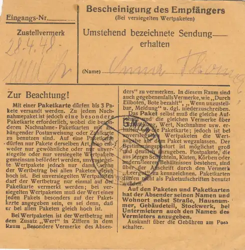 Carte de paquet 1948: Kleinerdlingen bei Nördlingeen da Dürnbach, Wette 500 RM