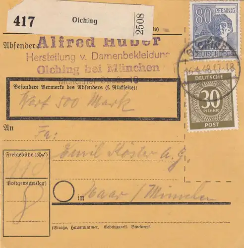 Paketkarte 1948: Olching nach Haar, Wertkarte 500 Mark