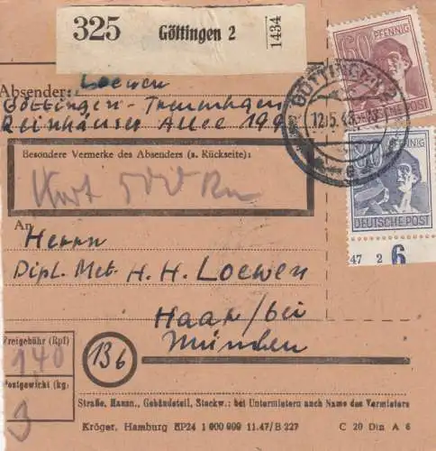 Paketkarte 1948: Göttingen nach Haar bei München, Wertkarte 500 RM