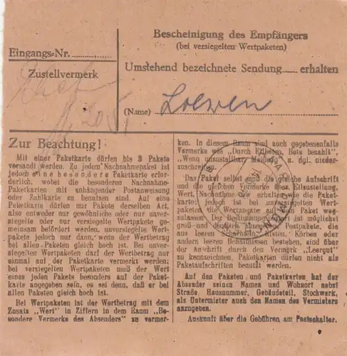 Paketkarte 1948: Göttingen nach Haar bei München, Wertkarte 500 RM