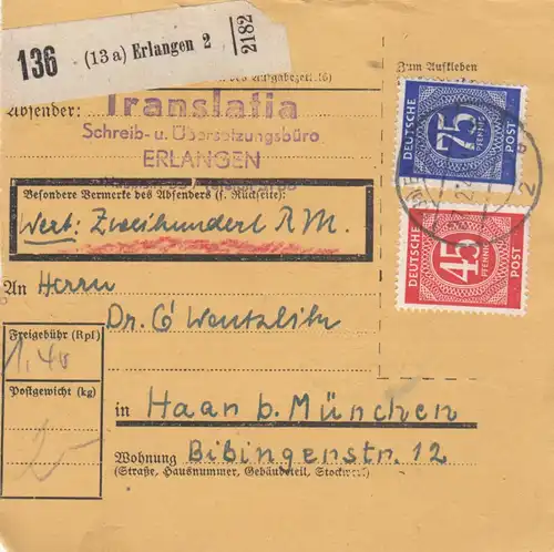 Paketkarte 1948: Erlangen nach Haar, Wertkarte 200 RM