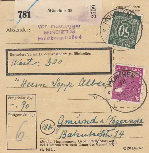 Carte de paquet 1947: Munich vers Gmund, carte de valeur