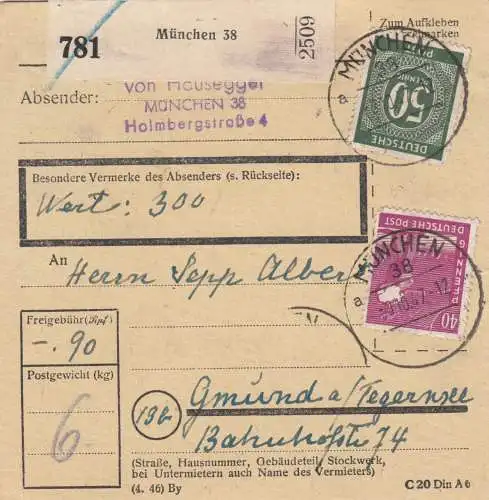 Paketkarte 1947: München nach Gmund, Wertkarte 