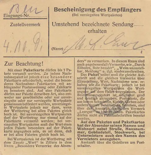 Carte de paquet 1947: Munich vers Gmund, carte de valeur
