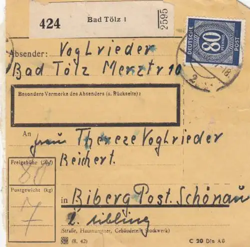 Paketkarte 1946: Bad Tölz nach Biberg Post Schönau