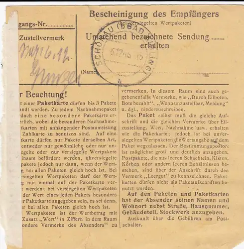 Paketkarte 1946: Bad Tölz nach Biberg Post Schönau
