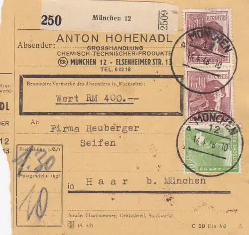 Paketkarte 1948: München nach Haar, Selbstbucherkarte mit Wert, 400 RM
