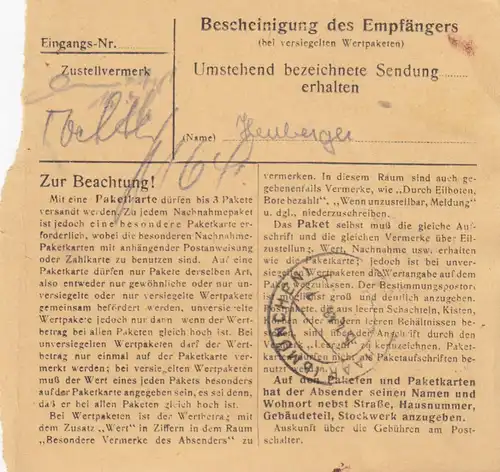 Carte de colis 1948: Munich par Haar, carte auto-réservation avec valeur, 400 RM