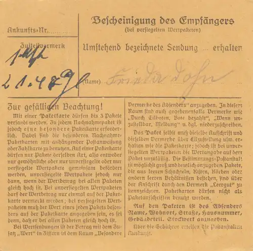 Carte de paquet 1946: Munich vers Marxlrein