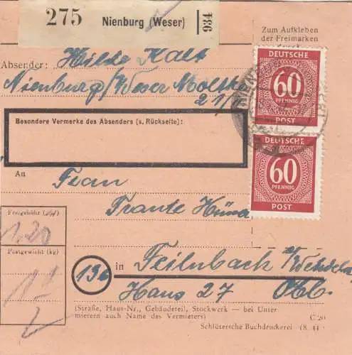 Paketkarte 1947: Nienburg nach Feilnbach