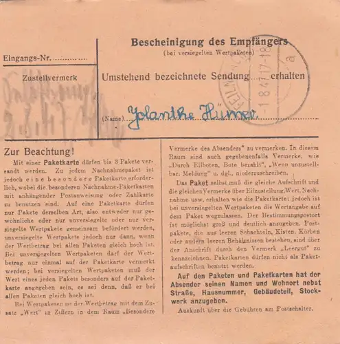 Carte de paquet 1947: Nienburg vers Feilnbach