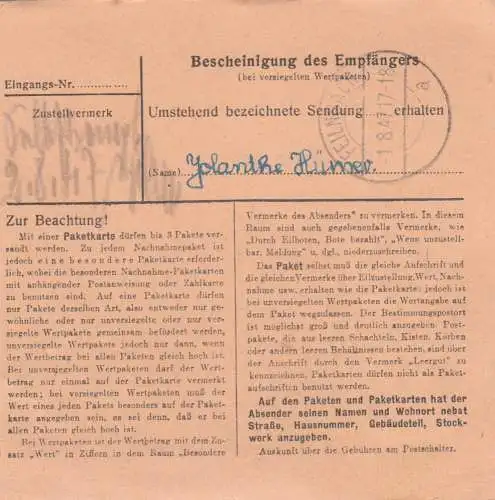 Paketkarte 1947: Nienburg nach Feilnbach