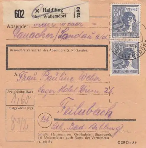 Paketkarte 1947: Haidlfing nach Feilnbach