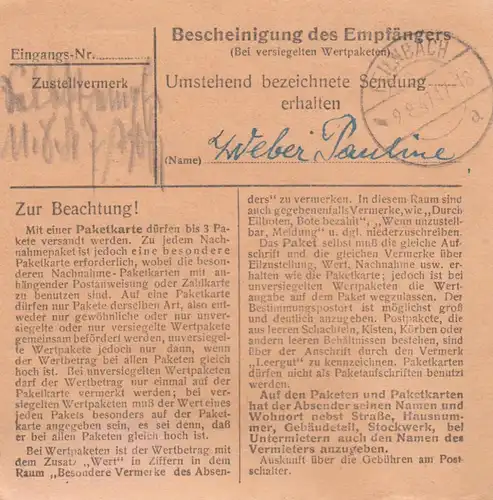 Paketkarte 1947: Haidlfing nach Feilnbach