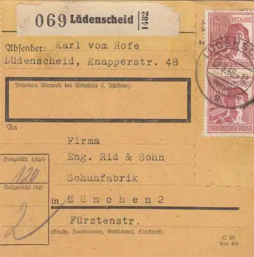 Carte de paquet 1948: Ludenscheid vers Munich