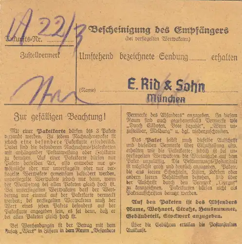 Carte de paquet 1948: Ludenscheid vers Munich