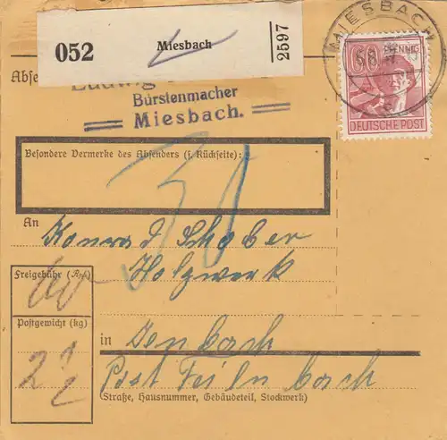 Paketkarte 1947: Miesbach nach Jenbach, Nachgebühr