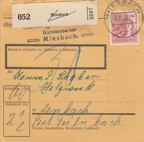 Paketkarte 1947: Miesbach nach Jenbach, Nachgebühr