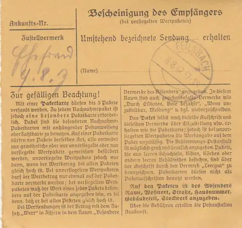 Carte de paquet 1947: Miesbach vers Jenbach, frais supplémentaires