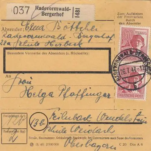 Paketkarte 1947: Radevormwald-Bergerhof nach Feilnbach