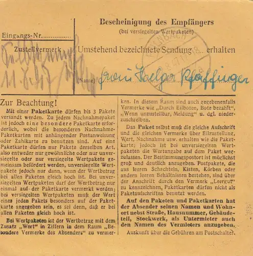 Carte de paquet 1947: Radevormwald-Bergerhof vers Feilnbach