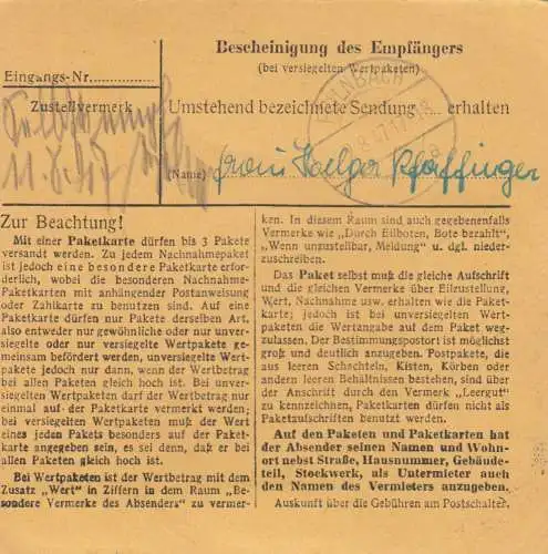 Paketkarte 1947: Radevormwald-Bergerhof nach Feilnbach