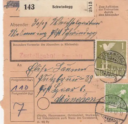 Carte de paquet 1948: Schwindegg à Munich
