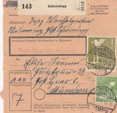 Paketkarte 1948: Schwindegg nach München