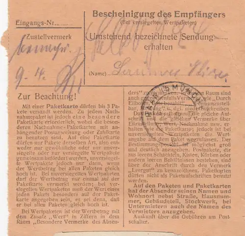 Paketkarte 1948: Schwindegg nach München