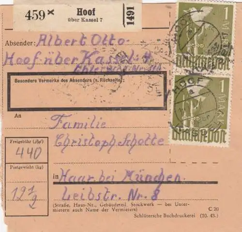 Carte de paquet 1947: Hoof vers Haar bei Munich