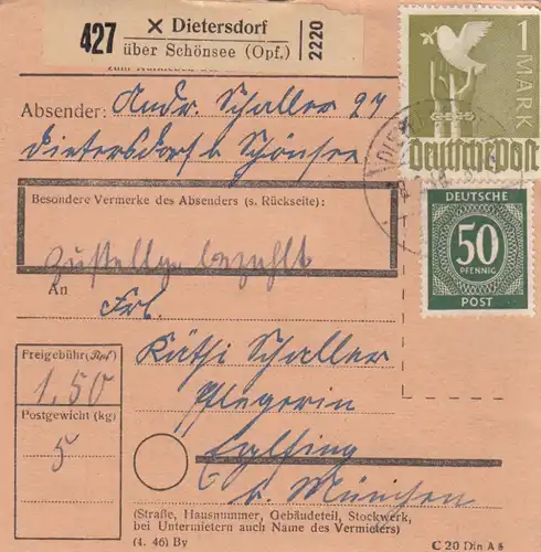 Paketkarte 1948: Dietersdorf nach Eglfing