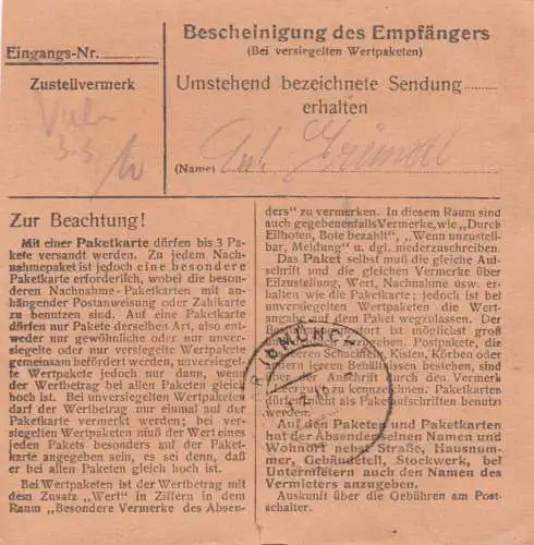 Paketkarte 1948: Dietersdorf nach Eglfing