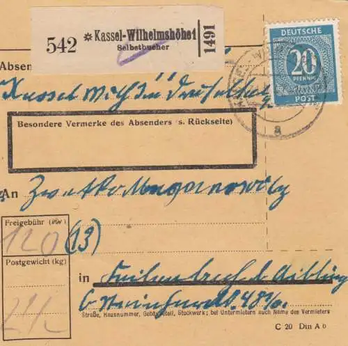 Paketkarte 1947: Kassel-Wilhelmshöhe nach Feilnbach 