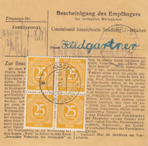 Carte de paquet 1947: Kassel-Wilhelmshöhe vers Feilnbach