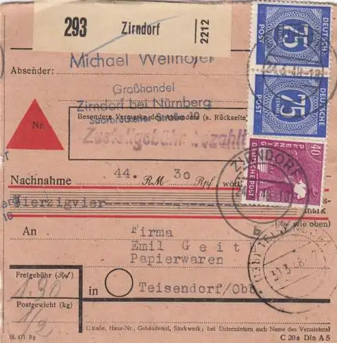 Carte de paquet 1948: Zirndorf vers Teisendorf, réduction