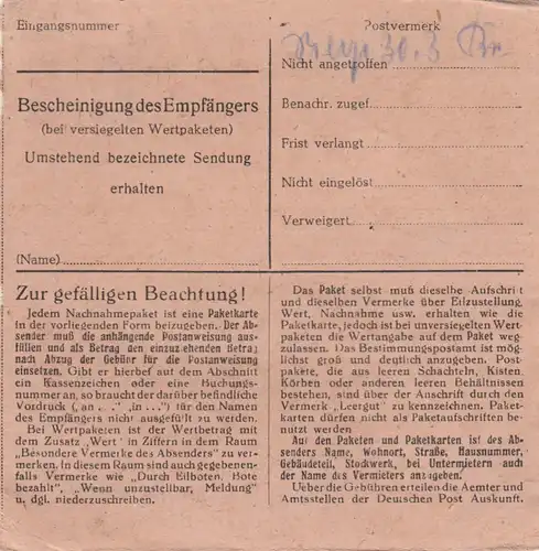 Paketkarte 1948: Zirndorf nach Teisendorf, Nachnahme