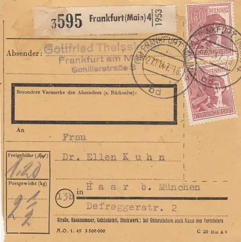 Paketkarte 1947: Frankfurt Main nach Haar bei München