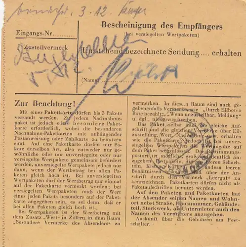 Paketkarte 1947: Frankfurt Main nach Haar bei München