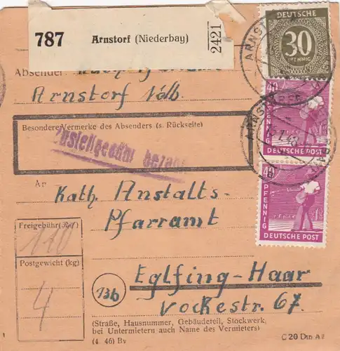 Paketkarte 1948: Arnstorf nach Eglfing, Pfarramt