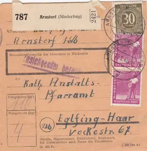 Paketkarte 1948: Arnstorf nach Eglfing, Pfarramt