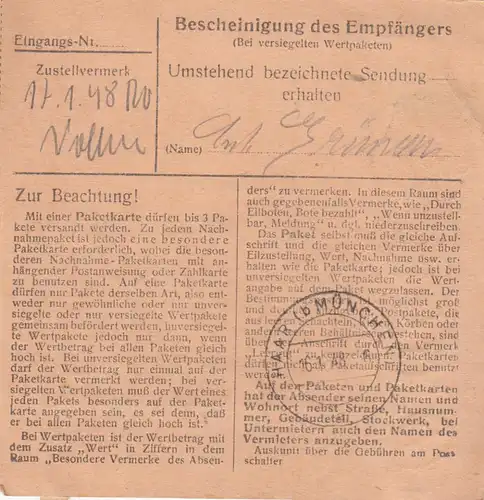 Carte de paquet 1948: Arnstorf vers Eglfing, Parc paroissial