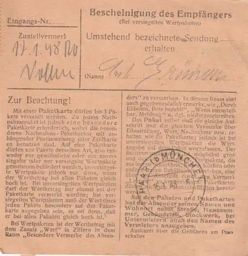 Paketkarte 1948: Arnstorf nach Eglfing, Pfarramt